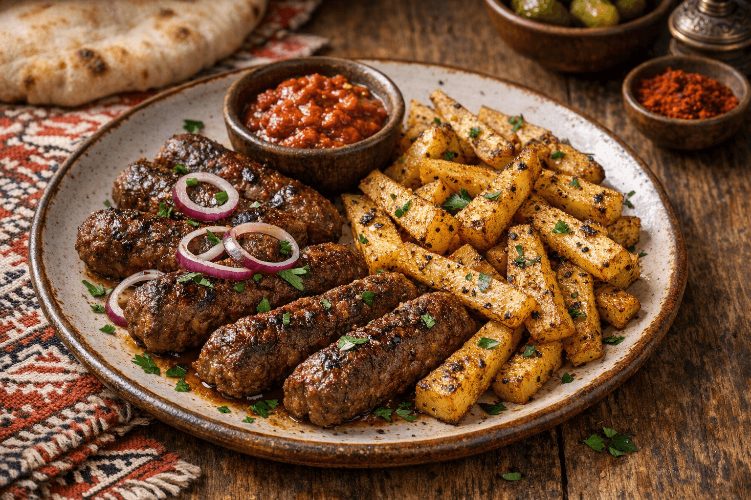 Cevapcici with Spiced Roasted Kohlrabi Fries