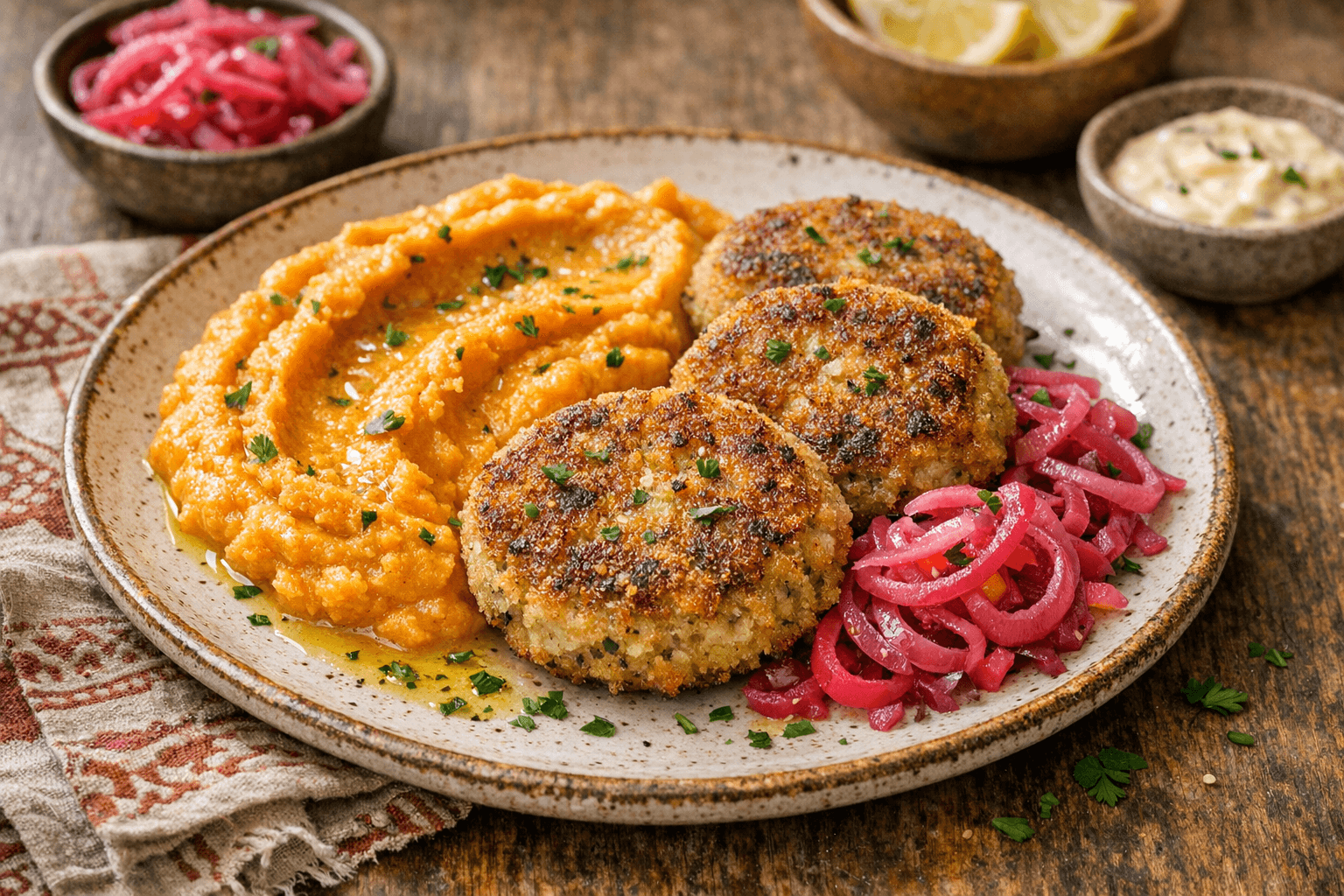Tuna Cakes with Pickled Onions and Sweet Potato Purée