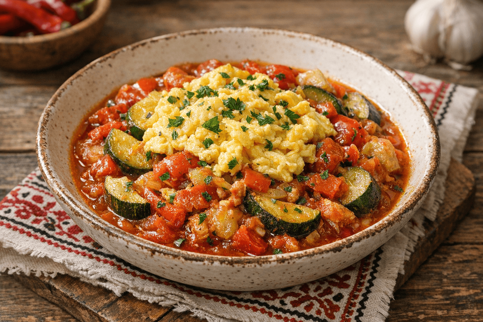 Cukkinis Lecsó Tojással (Kenyér nélkül)