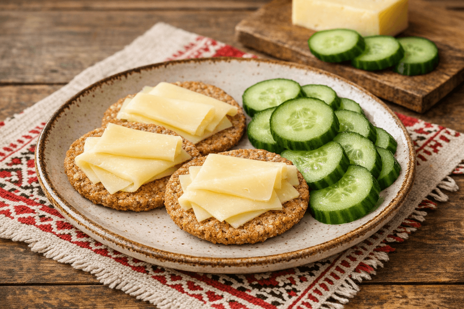 Bran Cracker with Cheese and Cucumber