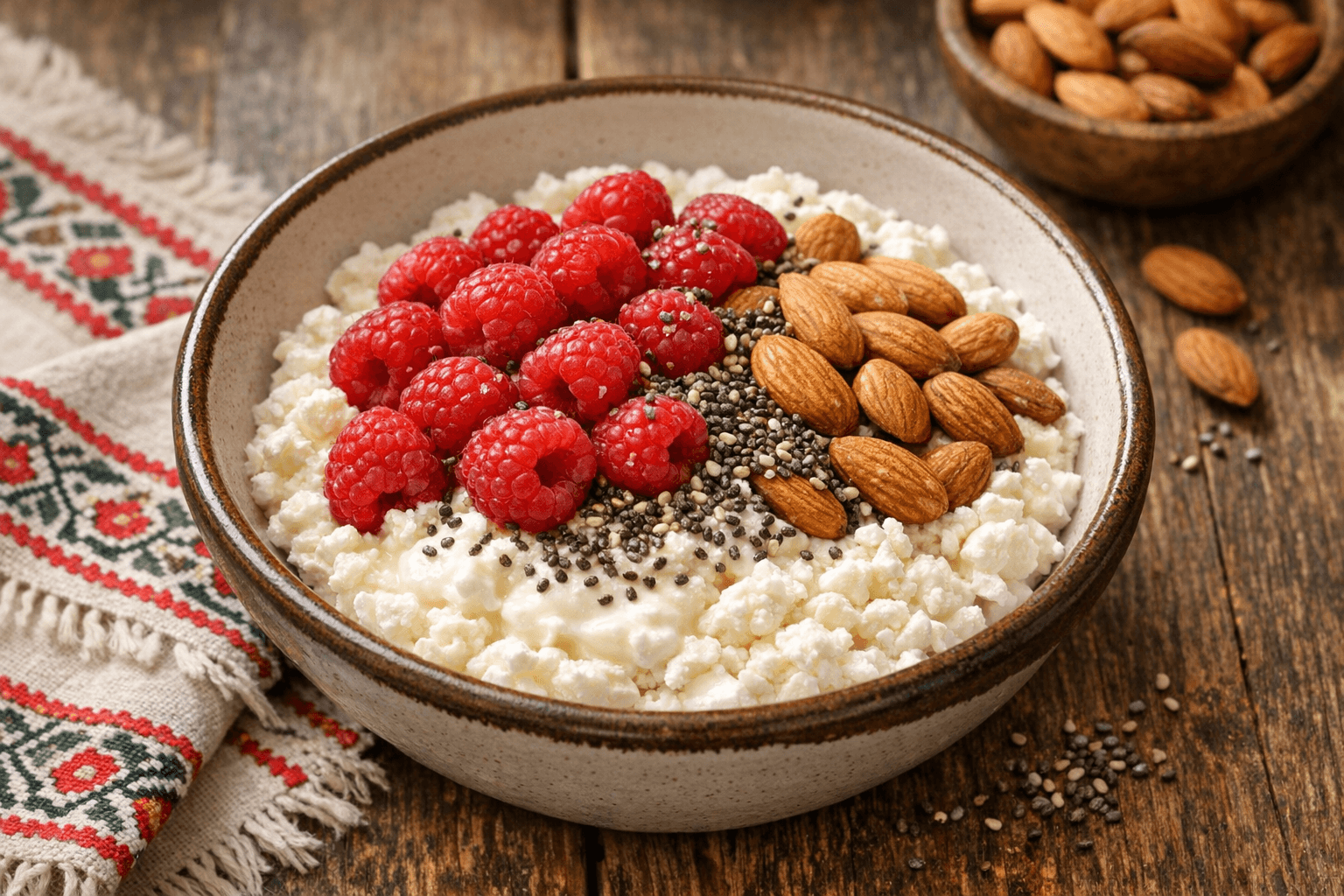 Cottage Cheese and Raspberry Protein Bowl with Extra Almonds