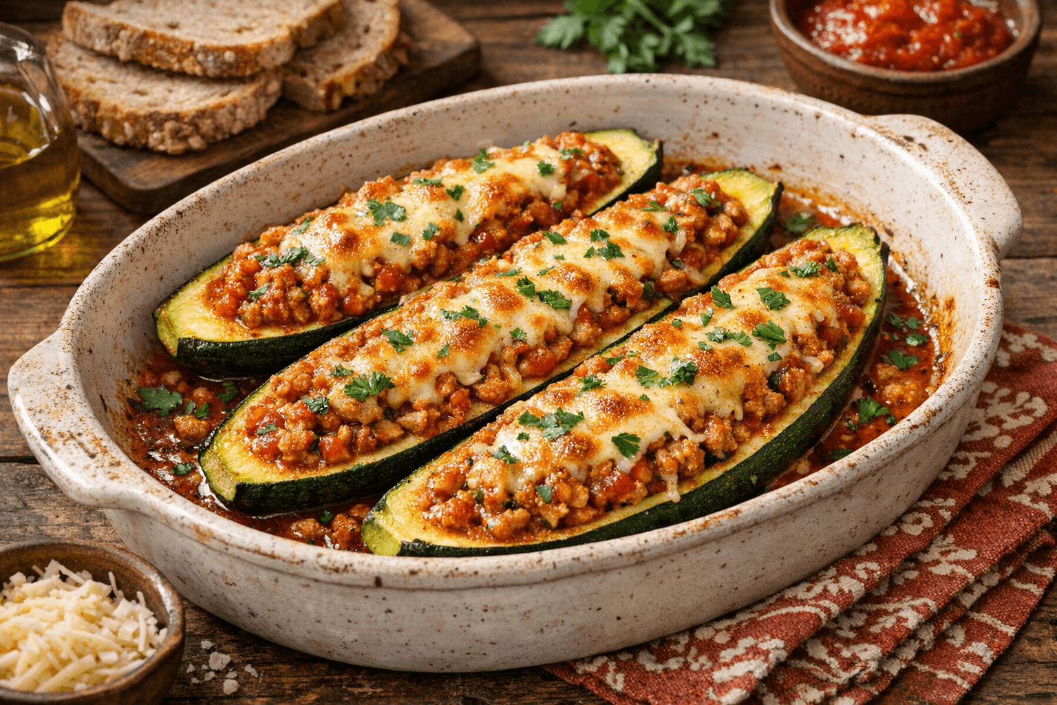 Stuffed Zucchini Boats with Turkey Meat