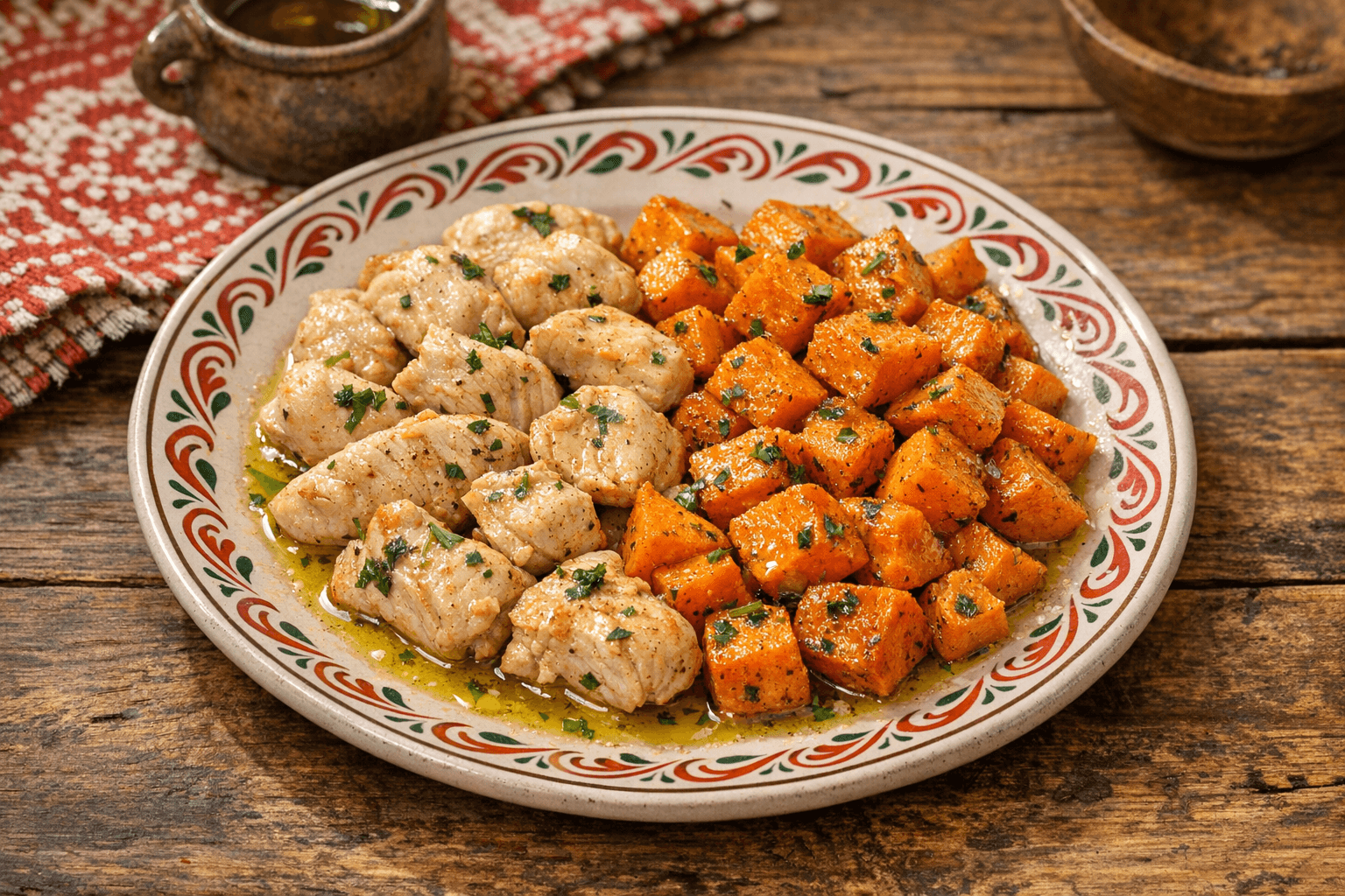 Steamed Chicken Breast with Sweet Potato and Olive Oil