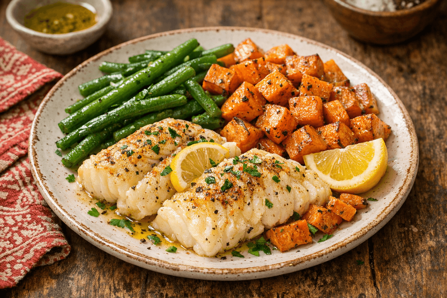 Sütőben sült tőkehal édesburgonyával