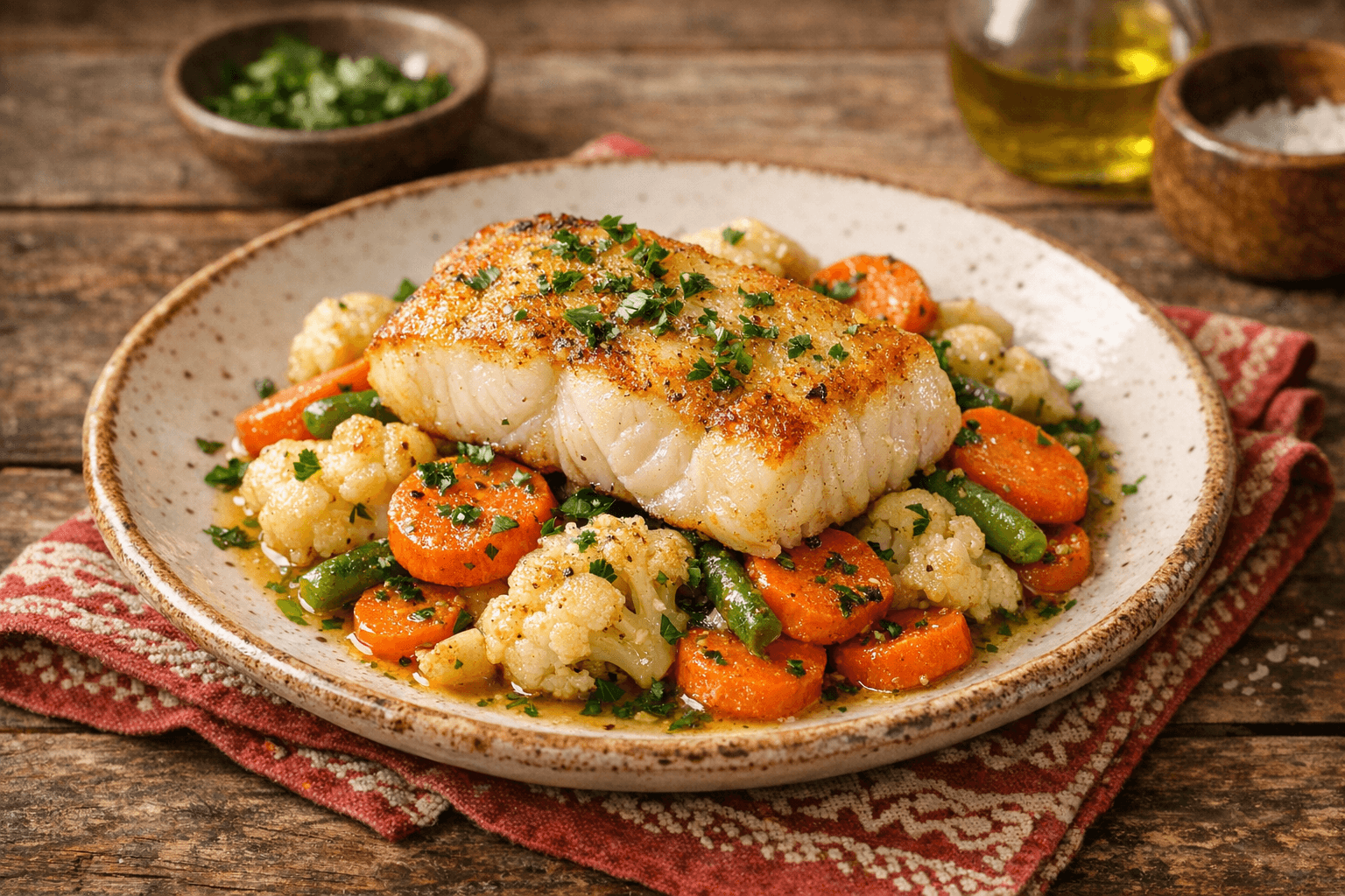 Sült Tőkehalfilé Vegyes Zöldségágyon