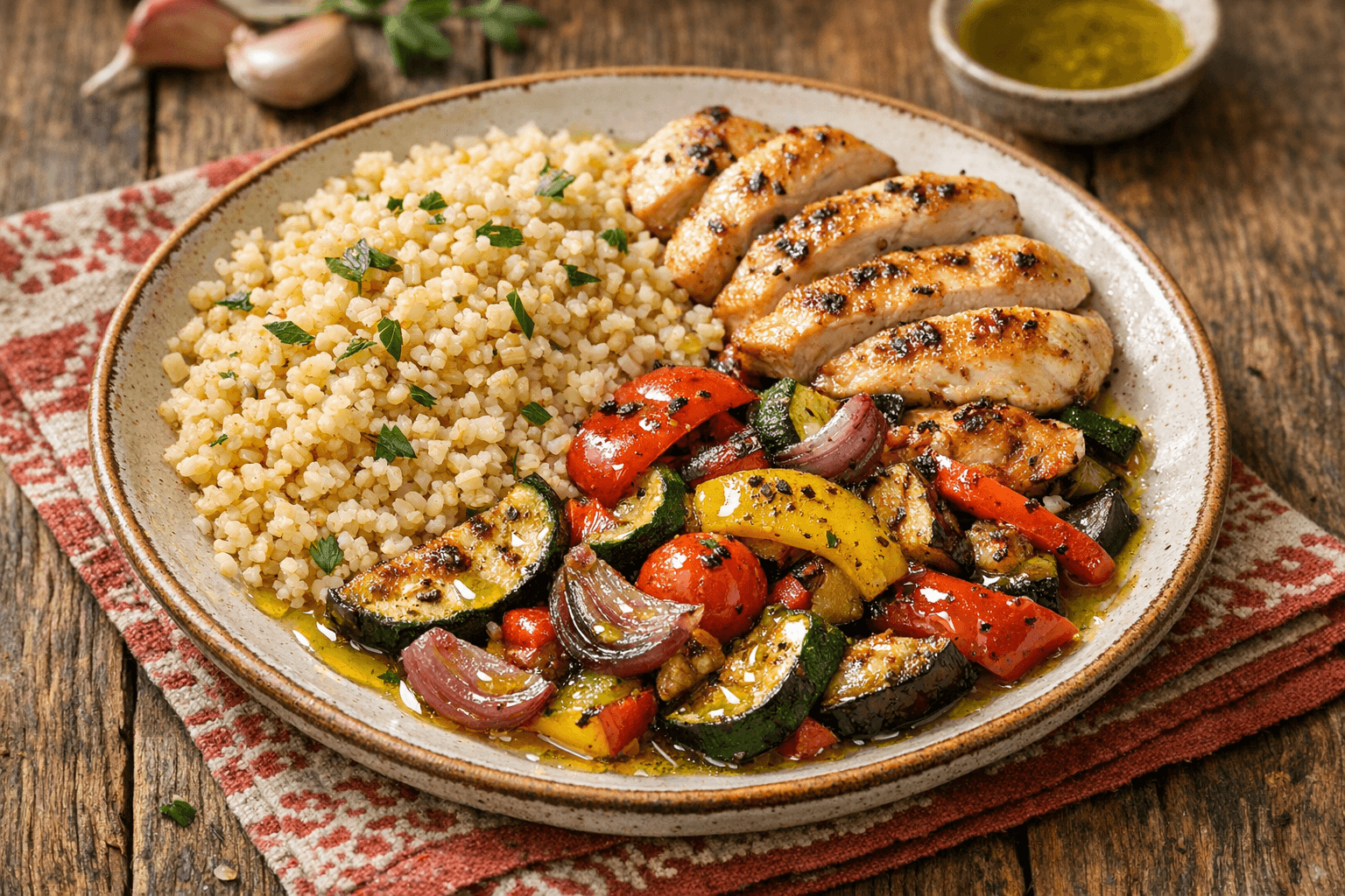 Csirkemell bulgurral és extra olívaolajjal