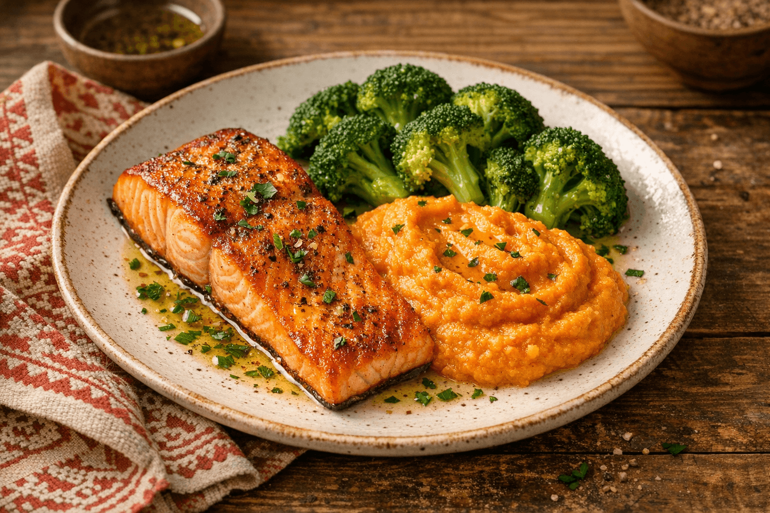 Sült Lazac Édesburgonyapürével és Párolt Brokkolival