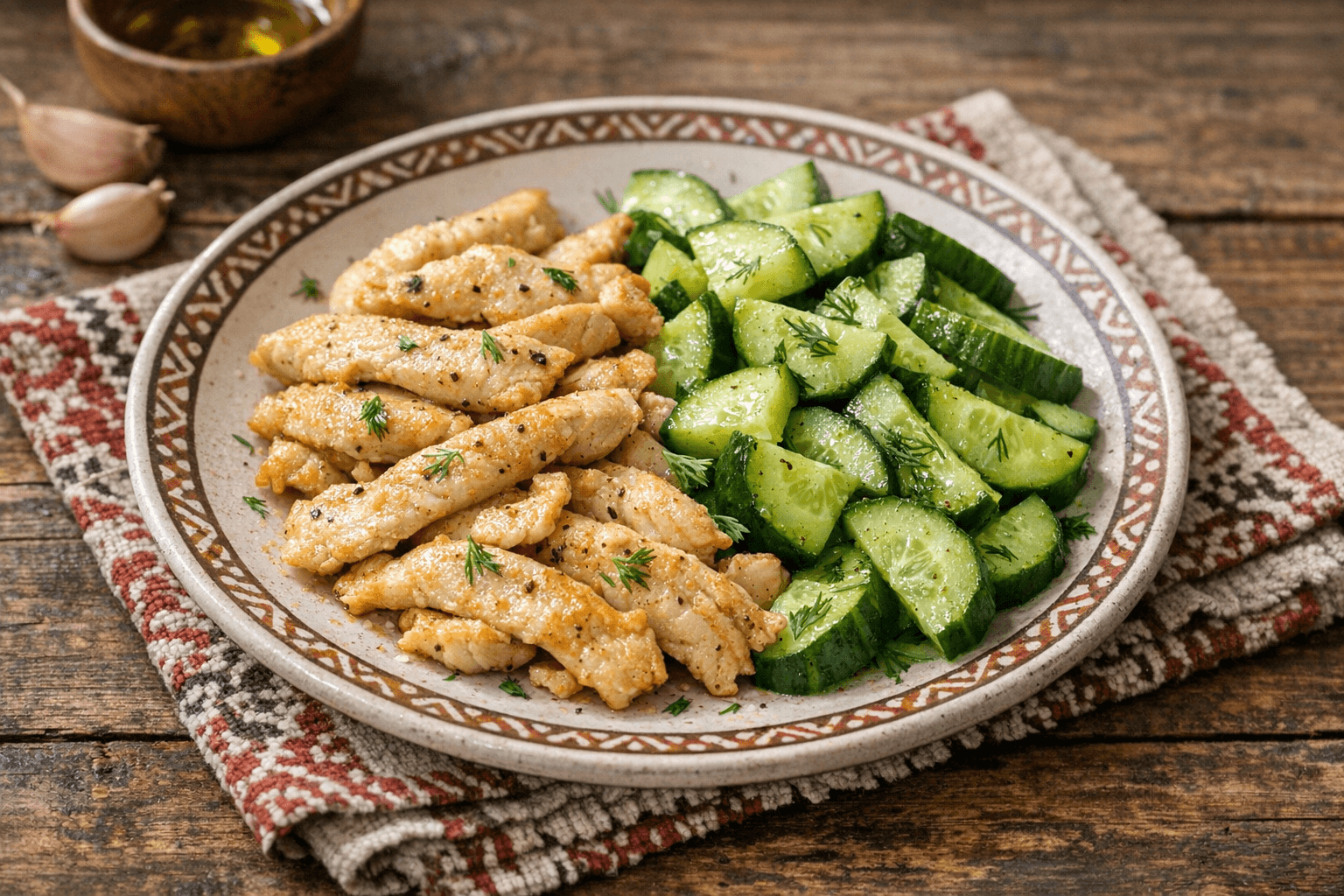 Párolt Csirkemellcsíkok Uborkával